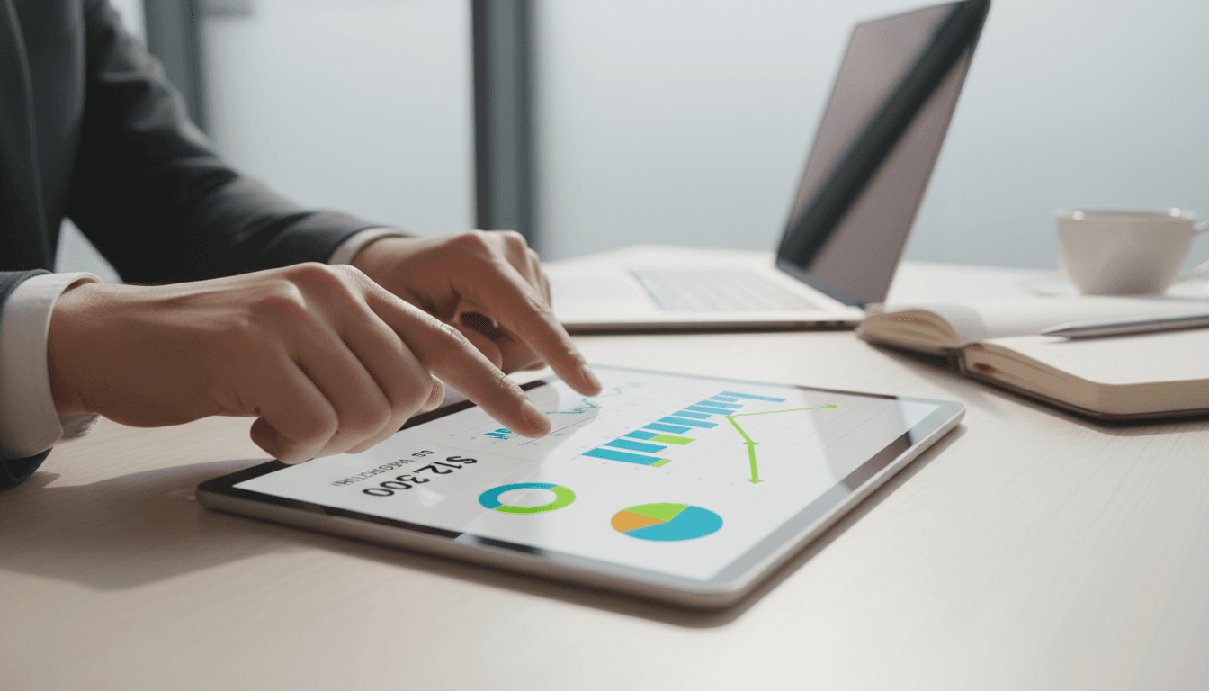 Two professionals reviewing financial charts and data on a large screen in a modern office