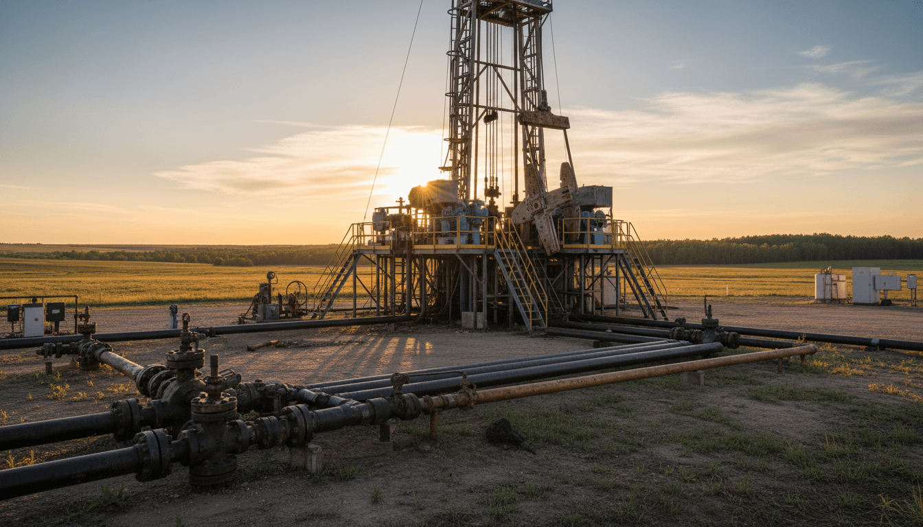 Active drilling rig structure on prairie landscape during golden hour, showcasing modern hydrocarbon extraction infrastructure