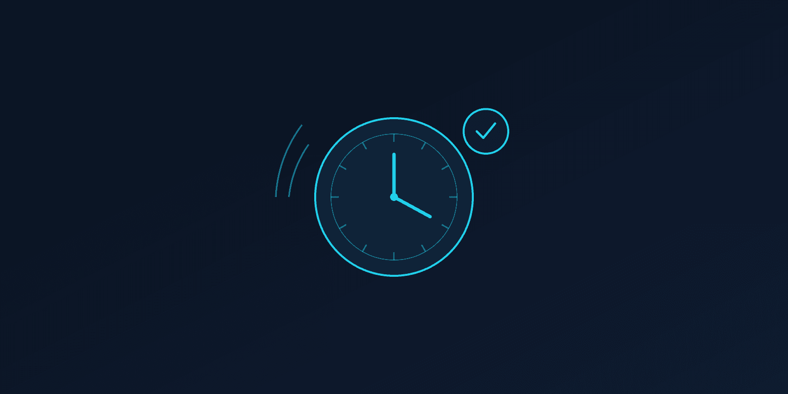 Minimalist neon blue clock icon with a checkmark on a dark blue background.