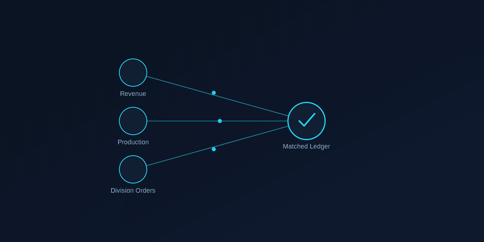 Diagram showing Revenue, Production, and Division Orders data converging into a single Matched Ledger.